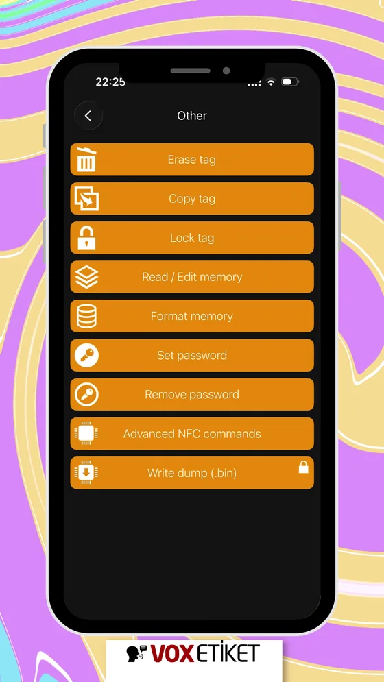 NFC Tools Other ekranında Erase tag seçeneği
